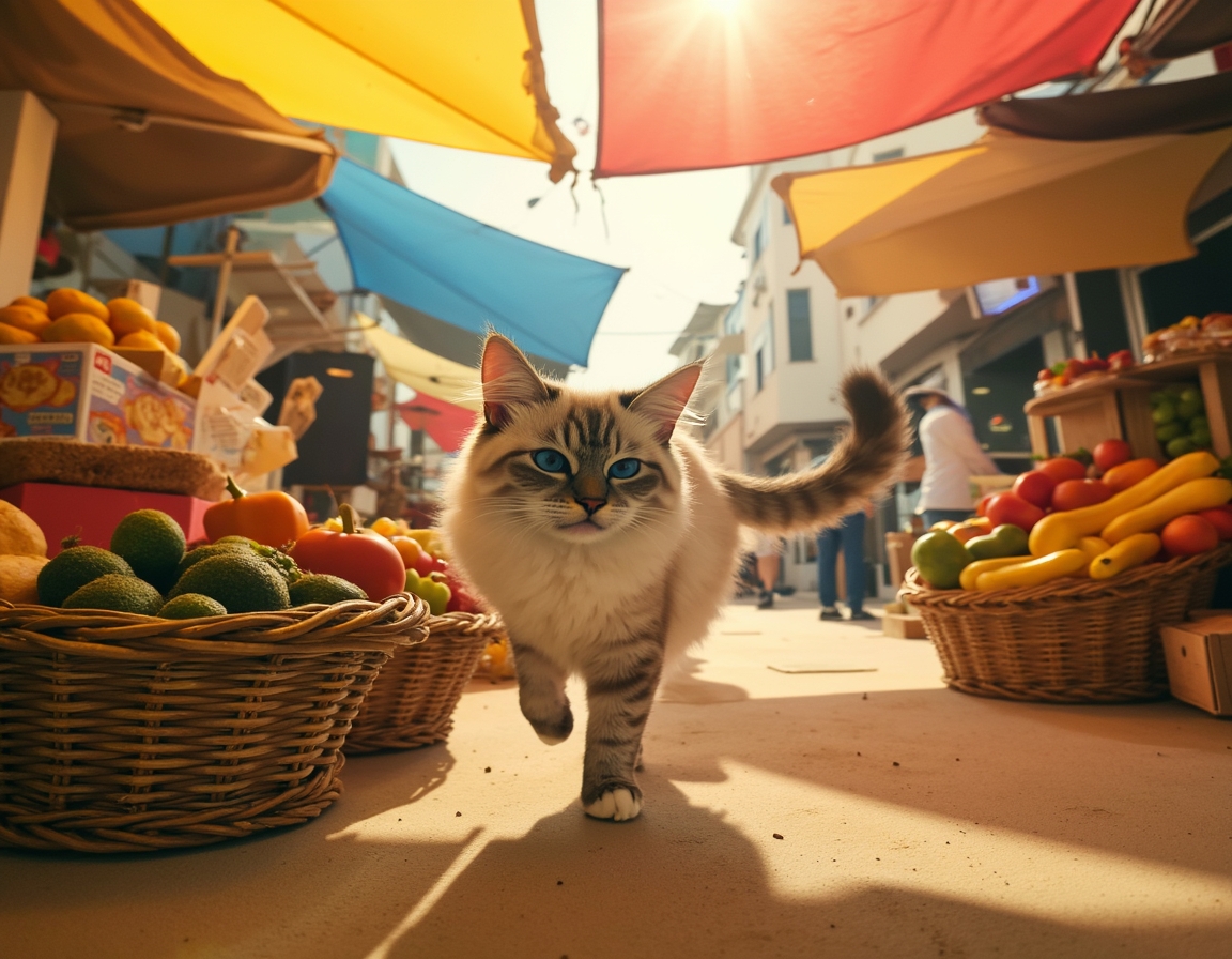 Cat wanders through a lively market, surrounded by fresh produce, baked goods, and aromas.